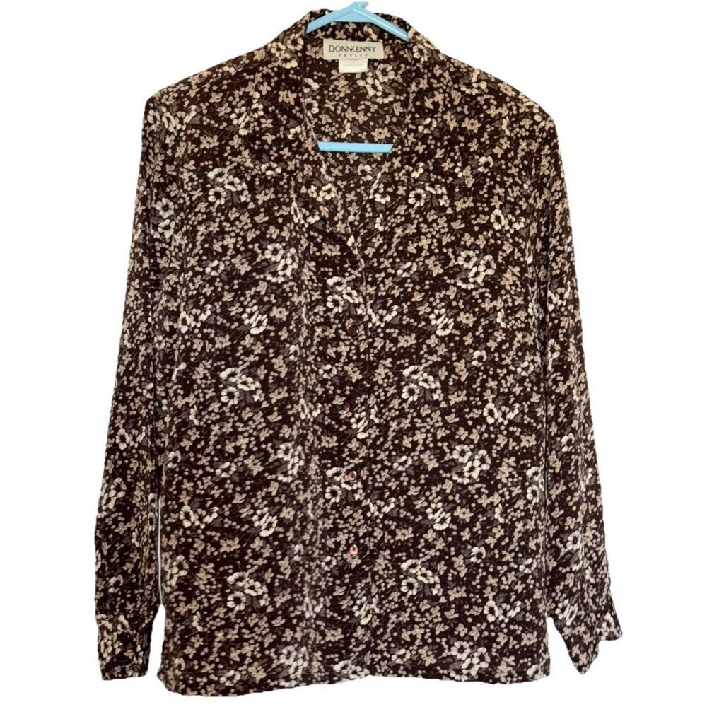 Donnkenny Blouse Career Petite XL Black Brown Tones Spring Flowers Button Up